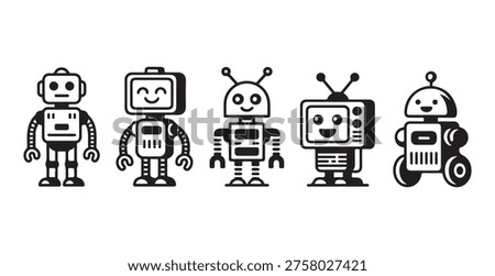 Cute robot illustrations, stylized androids and retro bots, simple design elements, vector art