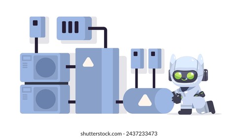 Cute robot installing heat pump on isolated background. Green energy concept