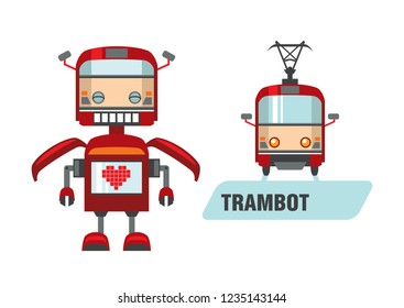 Cute robot isolated on white background. Vector illustration of funny character in cartoon simple flat style. Robot is transforming into a tram.