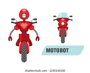 Cute robot isolated on white background. Vector illustration of funny character in cartoon simple flat style. Robot is transforming into motorcycle.