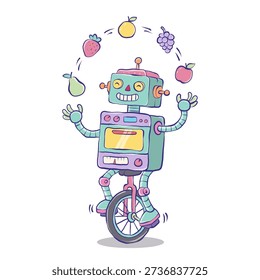 Cute Robot Juggling Fruit Illustration