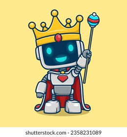 Cute robot with king costume holding scepter, vector cartoon illustration