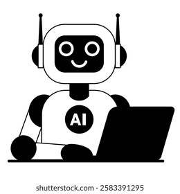 Cute robot with laptop line vector illustration isolated on white background