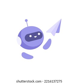 A cute robot launches a paper airplane. Chatbot concept, messenger communication. Answers to questions, virtual assistant, support. Isolated logo on white background