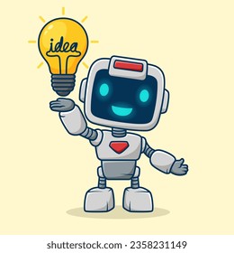 Cute robot with lightbulb, vector cartoon illustration
