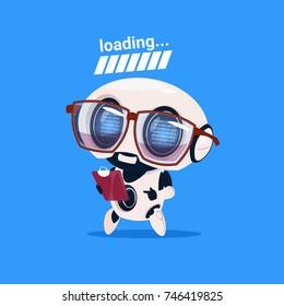 Cute Robot Loading Wear Glasses Isolated Icon On Blue Background Modern Technology Artificial Intelligence Concept Flat Vector Illustration