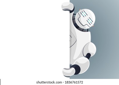 Robot lindo mira el espacio en blanco del afiche para el texto. Carácter ciborg con pizarra blanca vacía para la presentación. Interfaz de simulación de banners de información robótica ilustración vectorial de diseño plano