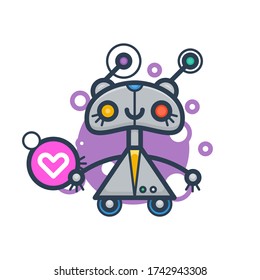 Cute Robot In Love. Vector Flat Modern Cartoon Character. Isolated Illustration Virtual Online Help Customer Support On White Background. Voice Support Service Chat Bot With Speak Bubble