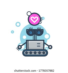 Cute Robot In Love. Vector Flat Modern Cartoon Character. Isolated Illustration Virtual Online Help Customer Support On White Background. Voice Support Service Chat Bot With Speak Bubble