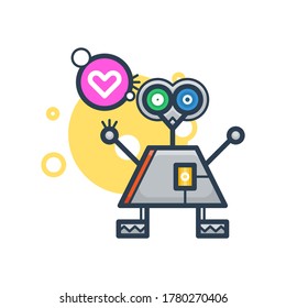 Cute Robot In Love. Vector Flat Modern Cartoon Character. Isolated Illustration Virtual Online Help Customer Support On White Background. Voice Support Service Chat Bot With Speak Bubble