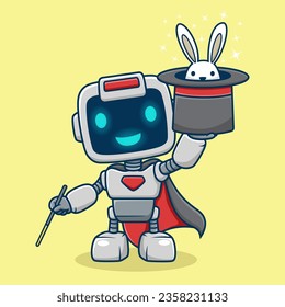 Cute robot in magician costume pulling out a rabbit from his top hat, vector cartoon illustration