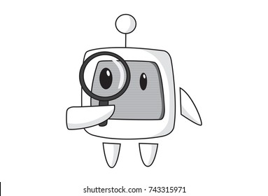 Cute Robot with a magnifying glass. Vector Illustration. Isolated on white background.