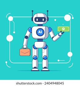 Cute robot makes money automatically on the currency exchange and stock market. Automated Trading System. Flat editable vector illustration