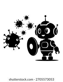 Cute robot mascot holding a shield to block virus attacks. Vector illustration concept for antivirus protection, firewall security, and child safety online.