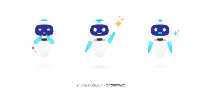Personaje lindo del Vector de la mascota del robot fijado en diversas poses. Icono genérico blanco y azul brillante del chatbot de la marca para el servicio de Asistencia al cliente, el asistente virtual, y la tecnología de la inteligencia artificial