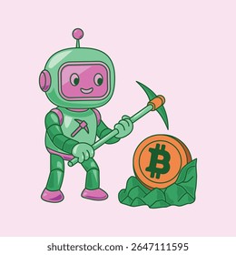 Cute Robot Mining Bitcoin – Cartoon Crypto Miner with Pickaxe and Coin Illustration