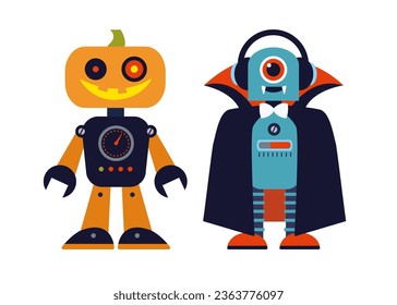 Rutsche Robotermonster in halloween Kostüm. Vektorgrafik einzeln auf weißem Hintergrund mit Vampirroboter und Kürbis-Kopfroboter. Icon, Grußkarte, Poster, Bannerkonzeption.