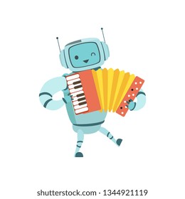 Cute Robot Musician Playing Accordion Musical Instrument Vector Illustration