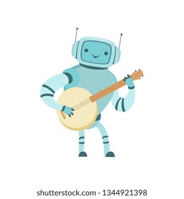 Cute Robot Musician Playing Banjo Musical Instrument Vector Illustration