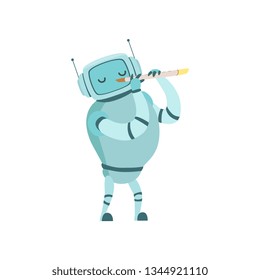 Cute Robot Musician Playing Flute Musical Instrument Vector Illustration