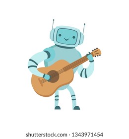 Cute Robot Musician Playing Guitar Musical Instrument Vector Illustration
