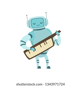 Cute Robot Musician Playing on Keytar Musical Instrument Vector Illustration