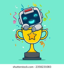 Cute Roboter auf großer Trophäe mit Konfetti, Vektorgrafik