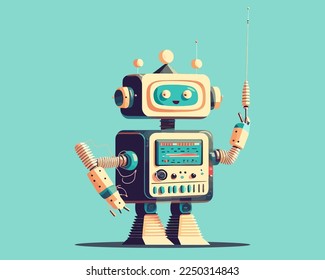 lindo robot con fondo azul. androide con antena. ilustración vectorial plana.