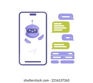 Cute robot on the smartphone screen. Chat in the messenger with a chatbot. Isolated flat illustration