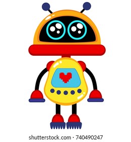 A cute robot, on wheels, with claws, big beautiful eyes. On the robot body there are buttons, wires, antennas. Creative vector robot background. Funny wallpaper for textile and fabric.