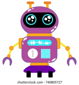 A cute robot, on wheels, with claws, big beautiful eyes. On the robot body there are buttons, wires, antennas. Creative vector robot background. Funny wallpaper for textile and fabric.
