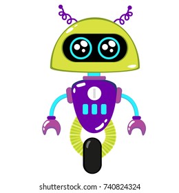 A cute robot, on wheels, with claws, big beautiful eyes. On the robot body there are buttons, wires, antennas. Creative vector robot background. Funny wallpaper for textile and fabric.