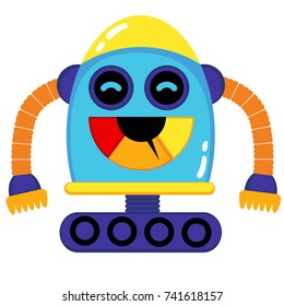 A cute robot, on wheels, with claws, big beautiful eyes. On the robot body there are buttons, wires, antennas. Creative vector robot background. Funny wallpaper for textile and fabric.