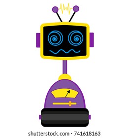 A cute robot, on wheels, with claws, big beautiful eyes. On the robot body there are buttons, wires, antennas. Creative vector robot background. Funny wallpaper for textile and fabric.