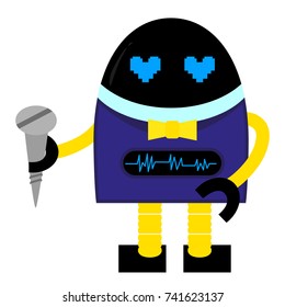 A cute robot, on wheels, with claws, big beautiful eyes. On the robot body there are buttons, wires, antennas. Creative vector robot background. Funny wallpaper for textile and fabric.