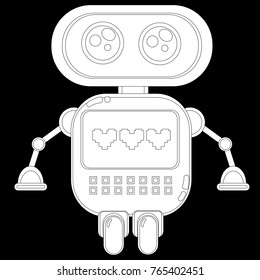 A cute robot, on wheels, with claws, big beautiful eyes. On the robot body there are buttons, wires, antennas. Creative vector robot background. Funny wallpaper. Monochrome color, black and white