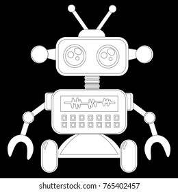 A cute robot, on wheels, with claws, big beautiful eyes. On the robot body there are buttons, wires, antennas. Creative vector robot background. Funny wallpaper. Monochrome color, black and white