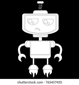 A cute robot, on wheels, with claws, big beautiful eyes. On the robot body there are buttons, wires, antennas. Creative vector robot background. Funny wallpaper. Monochrome color, black and white