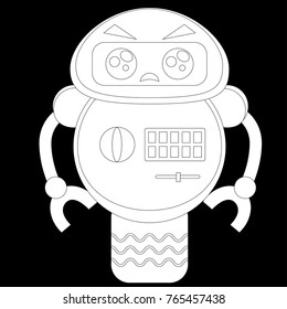 A cute robot, on wheels, with claws, big beautiful eyes. On the robot body there are buttons, wires, antennas. Creative vector robot background. Funny wallpaper. Monochrome color, black and white