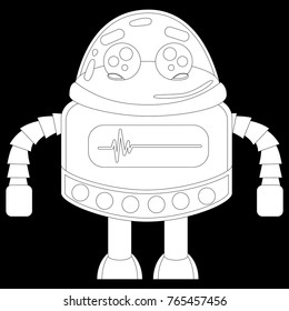 A cute robot, on wheels, with claws, big beautiful eyes. On the robot body there are buttons, wires, antennas. Creative vector robot background. Funny wallpaper. Monochrome color, black and white