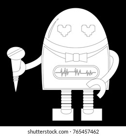 A cute robot, on wheels, with claws, big beautiful eyes. On the robot body there are buttons, wires, antennas. Creative vector robot background. Funny wallpaper. Monochrome color, black and white
