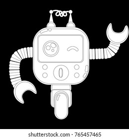A cute robot, on wheels, with claws, big beautiful eyes. On the robot body there are buttons, wires, antennas. Creative vector robot background. Funny wallpaper. Monochrome color, black and white