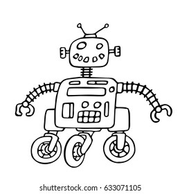 Cute robot on wheels vector illustration. Science fiction. Original cartoon retro character.