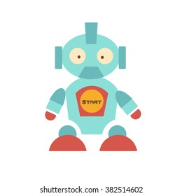 Cute robot with own character. Protruding surprised eyes on his face. He has powerful legs with red shoes, on the belly button with the words start. Funny baby toy. Vector illustration.