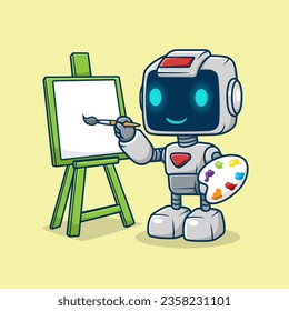 Cute robot painting on canvas, vector cartoon illustration