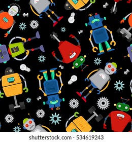 Cute robot pattern over black background. Vector illustration