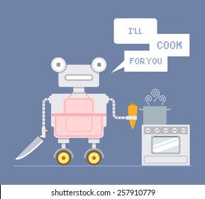 Cute robot in pink apron cooking food. Vector illustration 