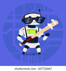 Cute Robot Playing Baseball Modern Artificial Intelligence Technology Concept Flat Vector Illustration