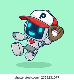 Cute robot playing baseball, vector cartoon illustration