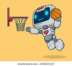 Cute robot playing basketball, vector cartoon illustration